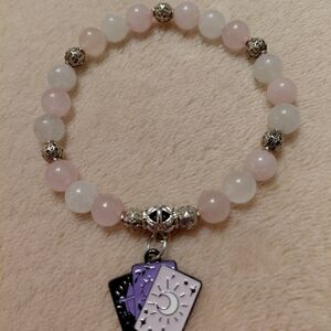 Handcrafted Moonstone & Rose Quartz Beaded Bracelet with Tarot Spread Charm